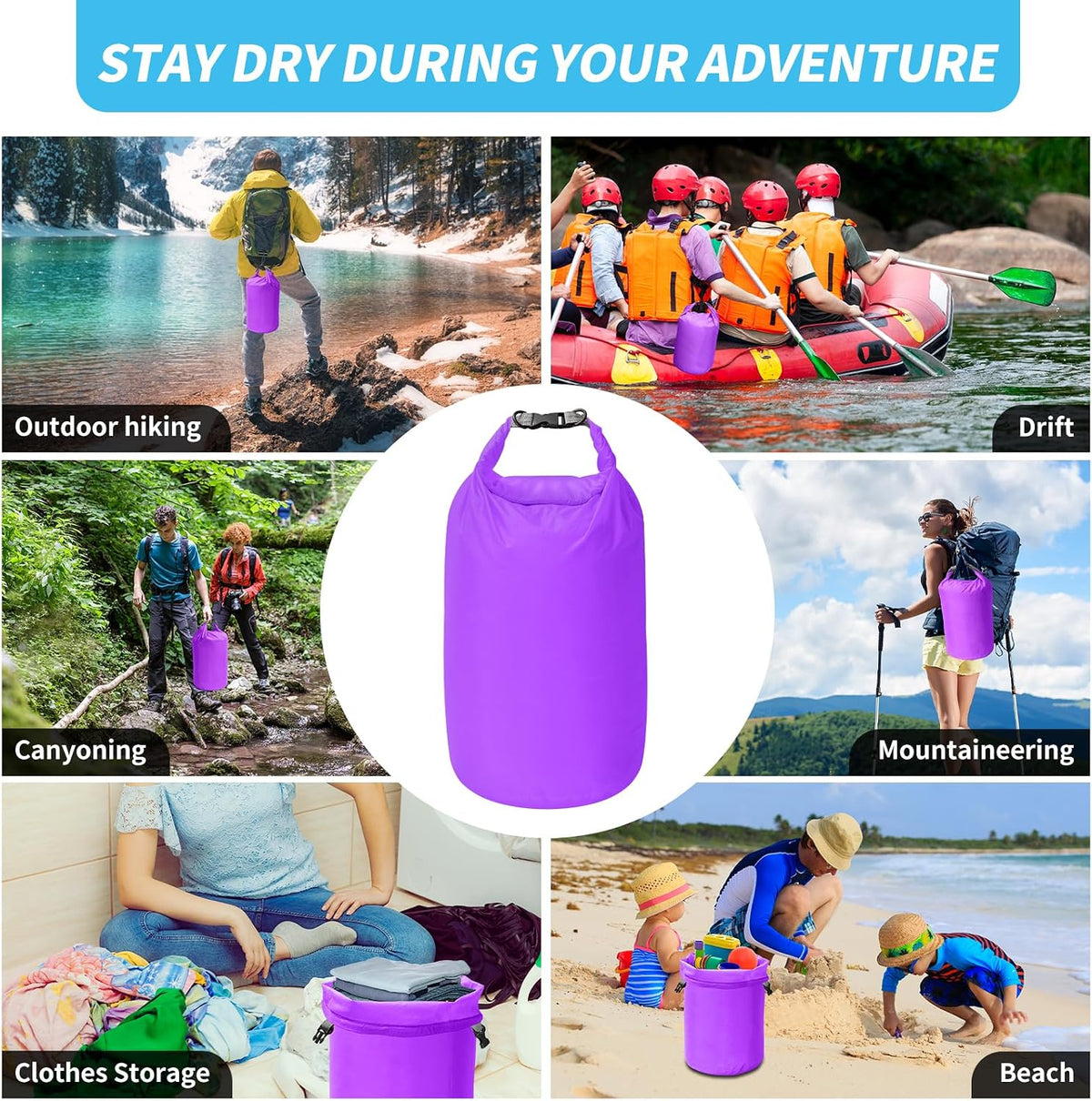 Dry Bag Set, Waterproof Small Lightweight Dry Bags for Paddle Board Kayaking, Fishing, Camping(Purple, 2L+5L+10L)