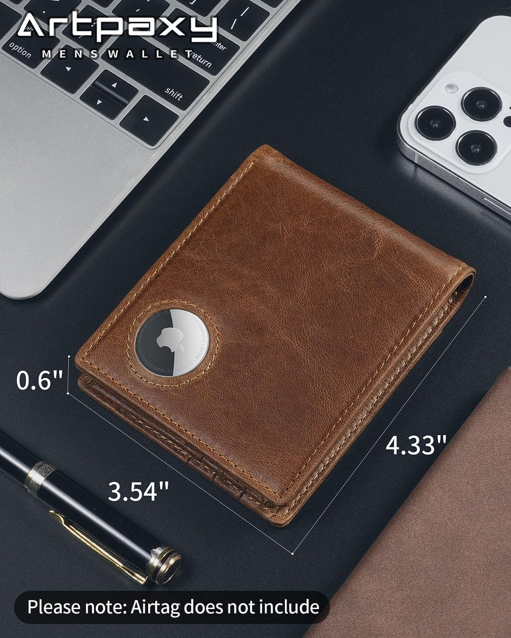 Artpaxy Mens Wallet With AirTag Holder, Bifold Leather RFID Blocking 1-2 ID Windows 12-13 Card Holders, Gift Box and Screen Protector Included, AirTag Not Included