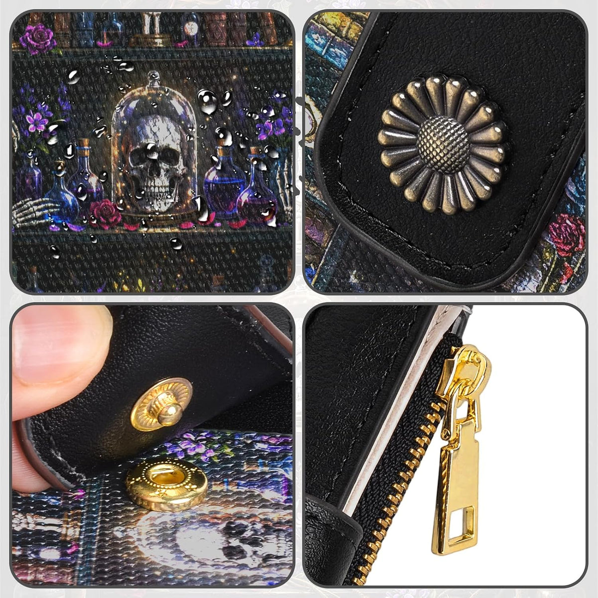 Skull Goth Small Wallet, 4.9x3.5inch RFID Blocking Bifold Card Holder Wallet with 8 Card Slots, Cash Compartment, Zipper Coin Pocket ID Window, Slim Credit Card Holder Travel Wallet, Black