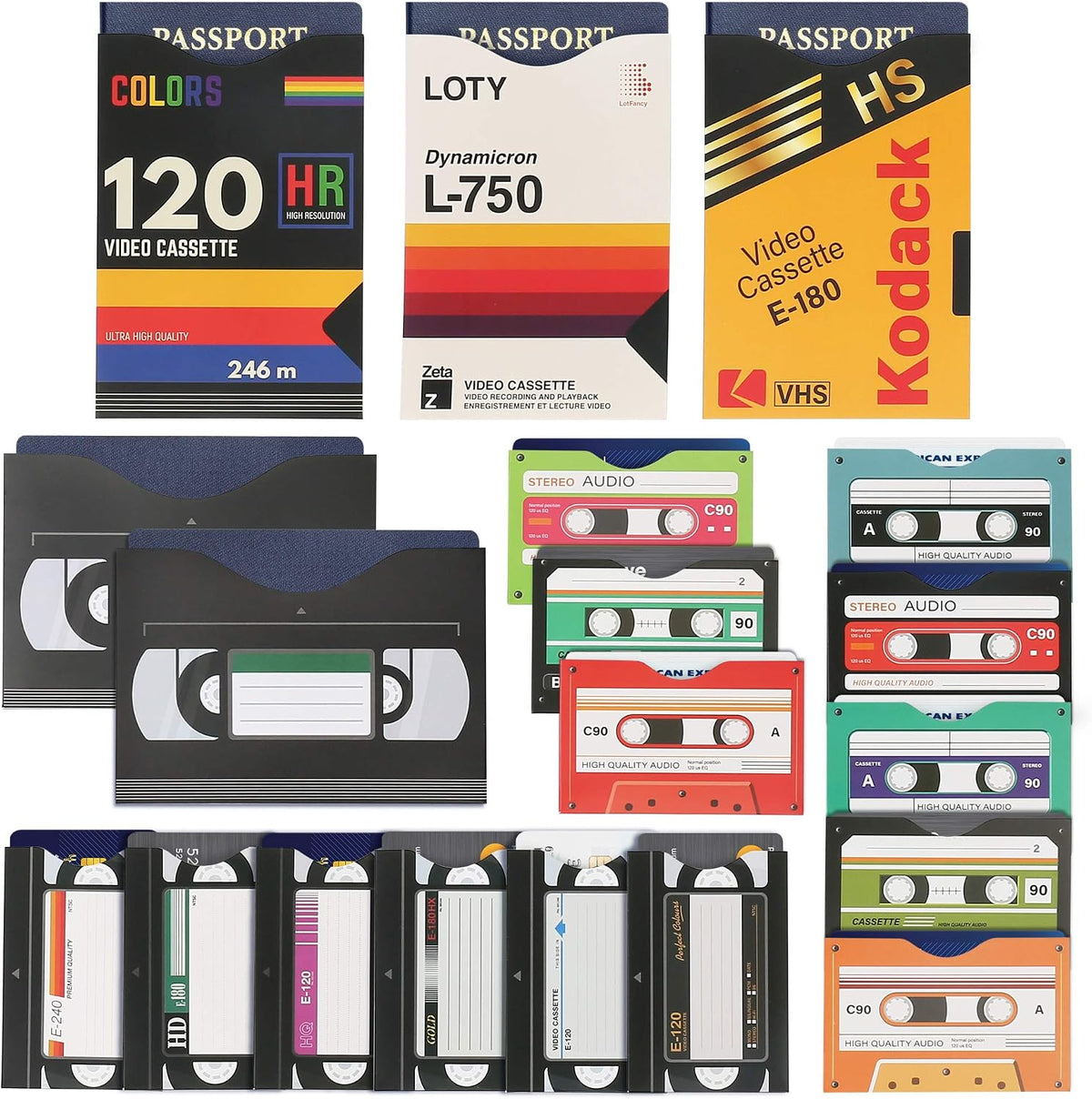 LotFancy RFID Blocking Sleeves (19 Pack, 14 Credit Card Sleeves + 5 Passport Sleeves) for Identity Theft Protection, Designed with Cassette Pattern