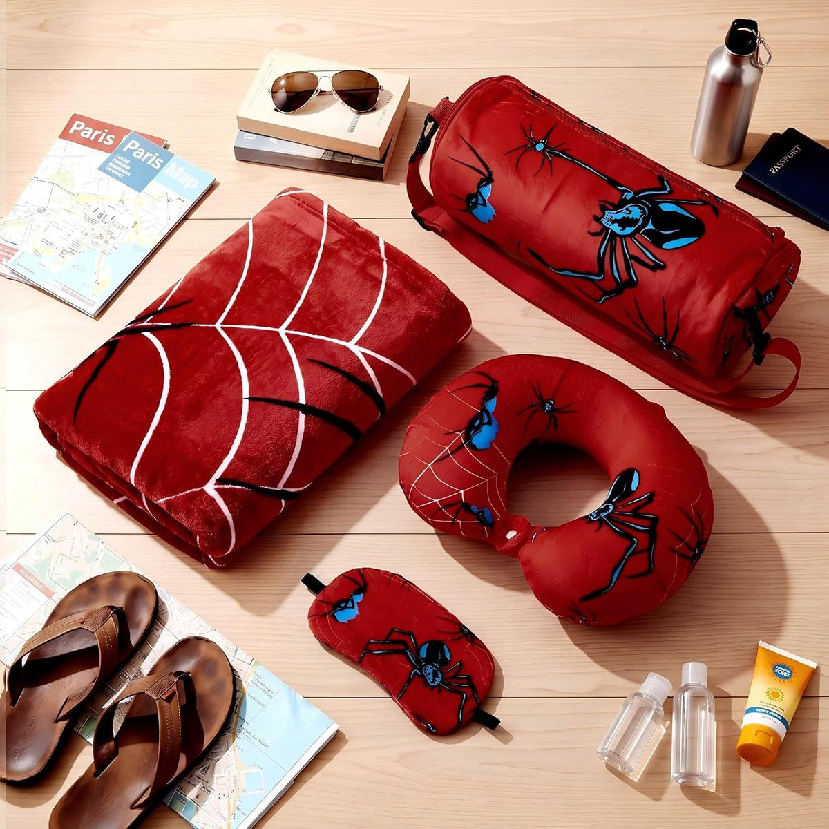 Moukeren 4 Pcs Spider Web Travel Pillow and Blanket Set
