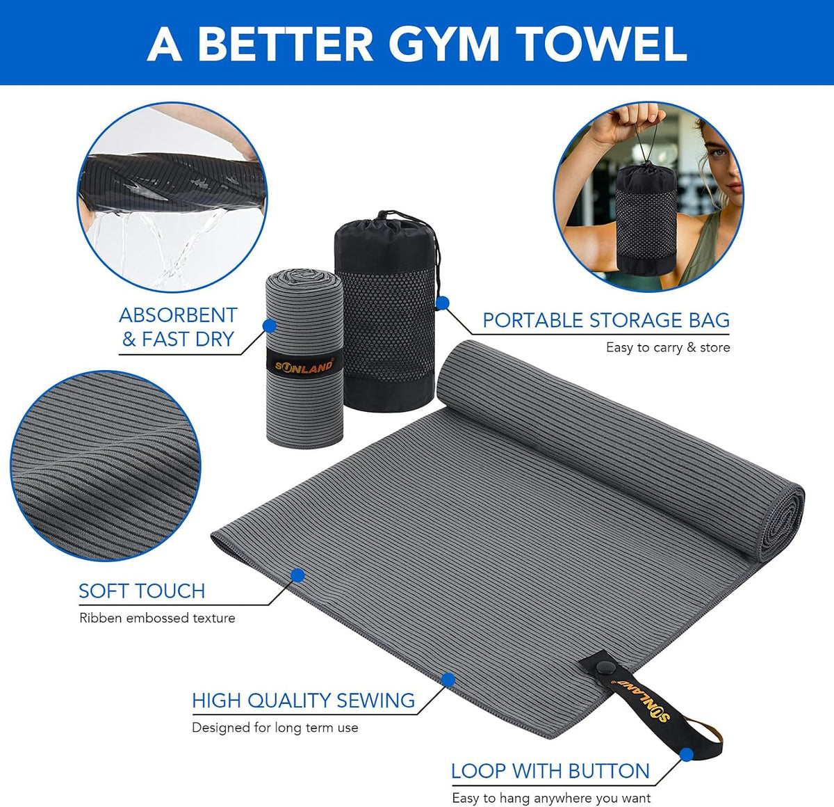 SUNLAND Microfiber Gym Bath Towels for Men Women 24x48In