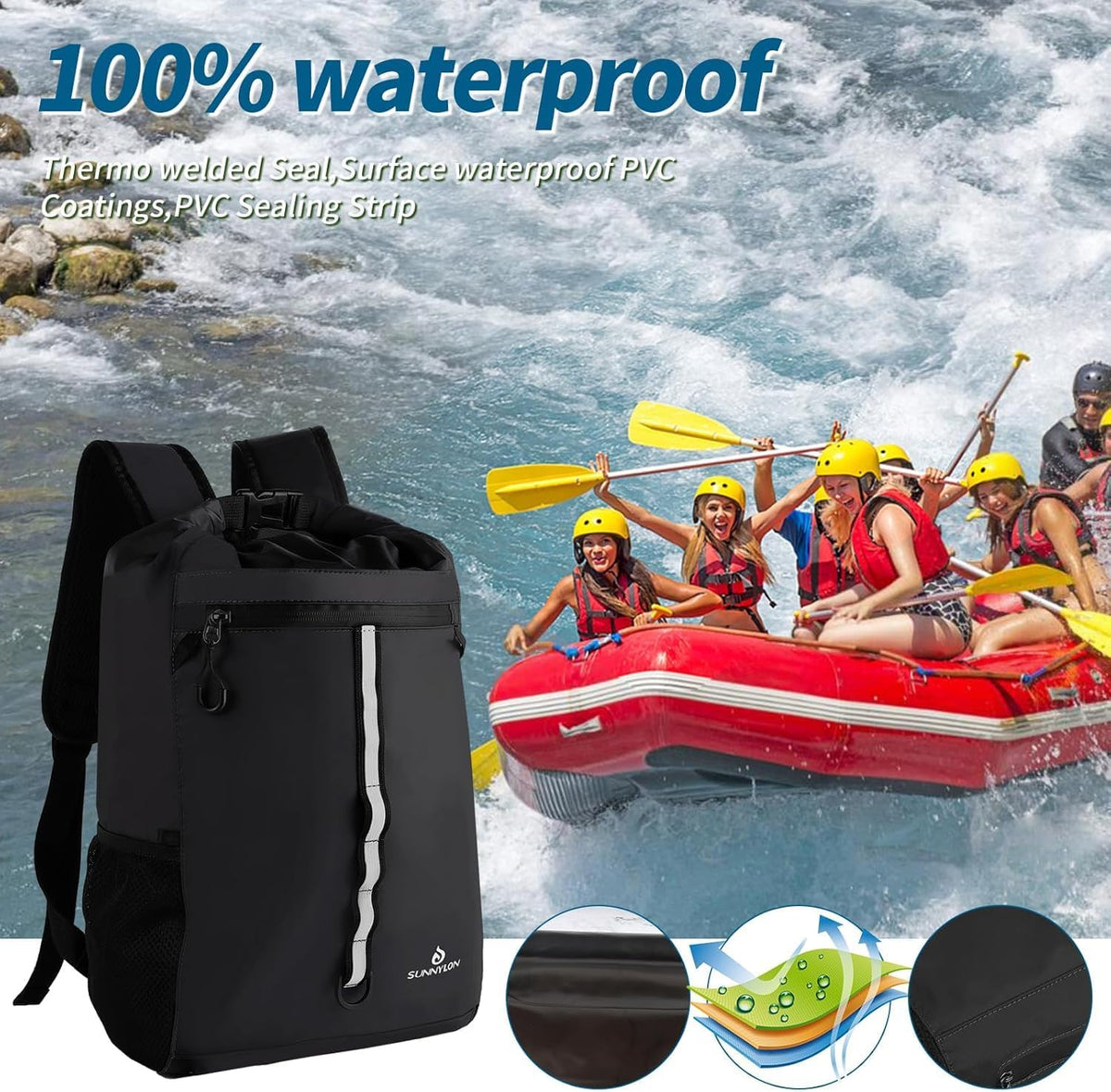 Drybag backpack waterproof, IPX68 100% Waterproof Dry Bag Backpack with Roll-Top Sealed Design, Keeps Gear Dry for Canoe, Kayaking, Water Sports Vacation, Rafting Travel & Surfing (WL011Black)