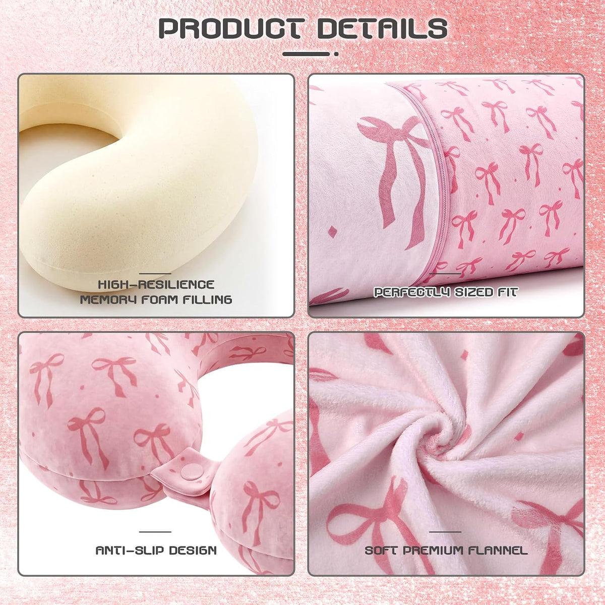 Moukeren 4 Pcs Pink Bow Travel Pillow and Blanket Set for Women and Girls
