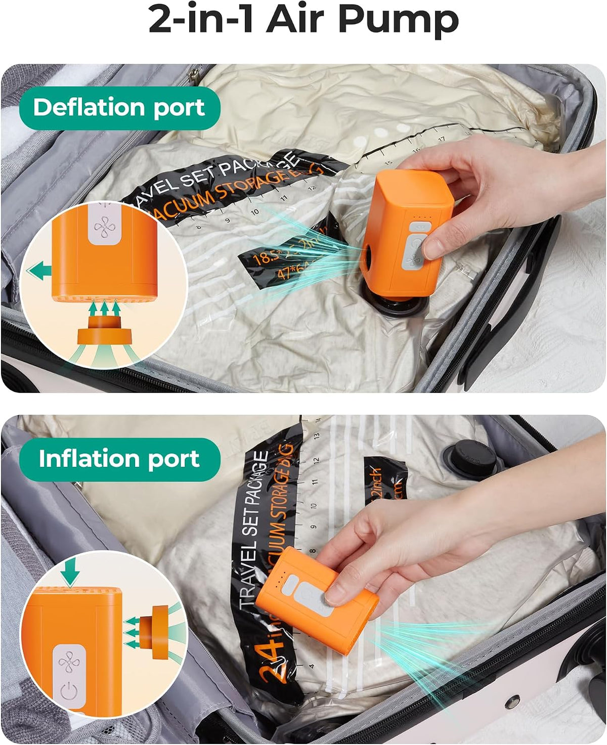 BAGSMART Pump for Vacuum Storage Bags, Potable Cordless Electric Air Pump, Rechargable Seal Bag Supplies for Compression Clothes, Blanket, Luggage- Orange