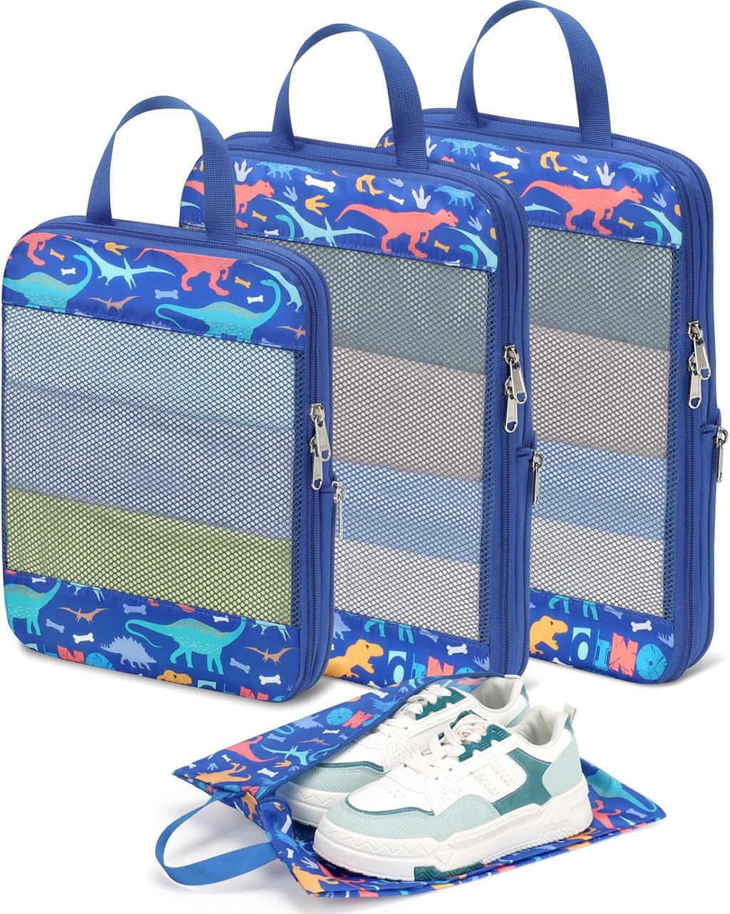 Kids Compression Packing Cubes - 4 PCS Sets, Blue Dinosaur