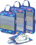 Kids Compression Packing Cubes - 4 PCS Sets, Blue Dinosaur