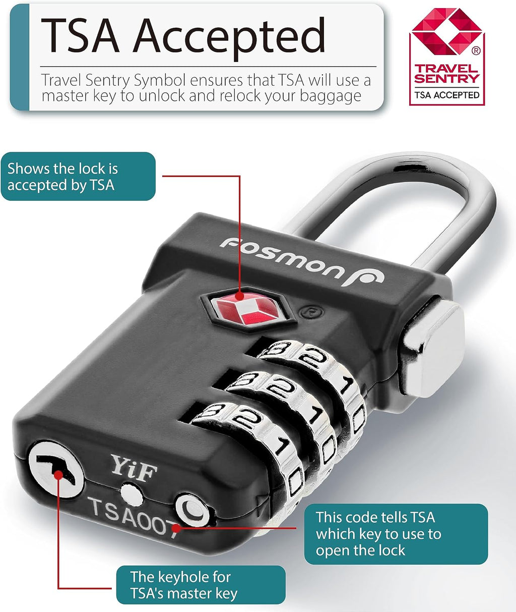 Fosmon TSA Approved Luggage Locks, 3 Digit Combination, 1 Pack Black