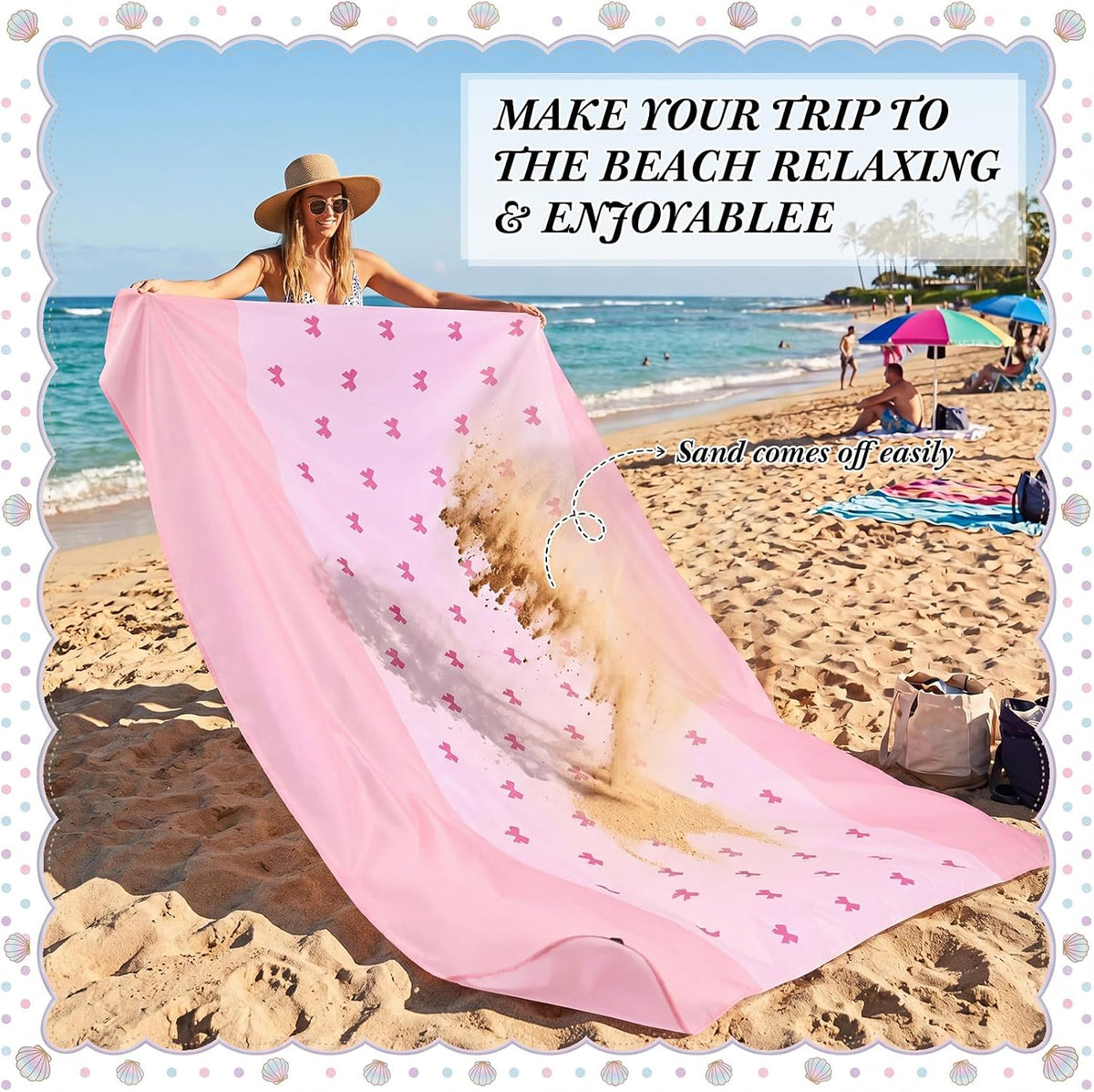 Tingjoo Beach Blanket 83"x79", Waterproof Sandproof Pink Bow with Stakes