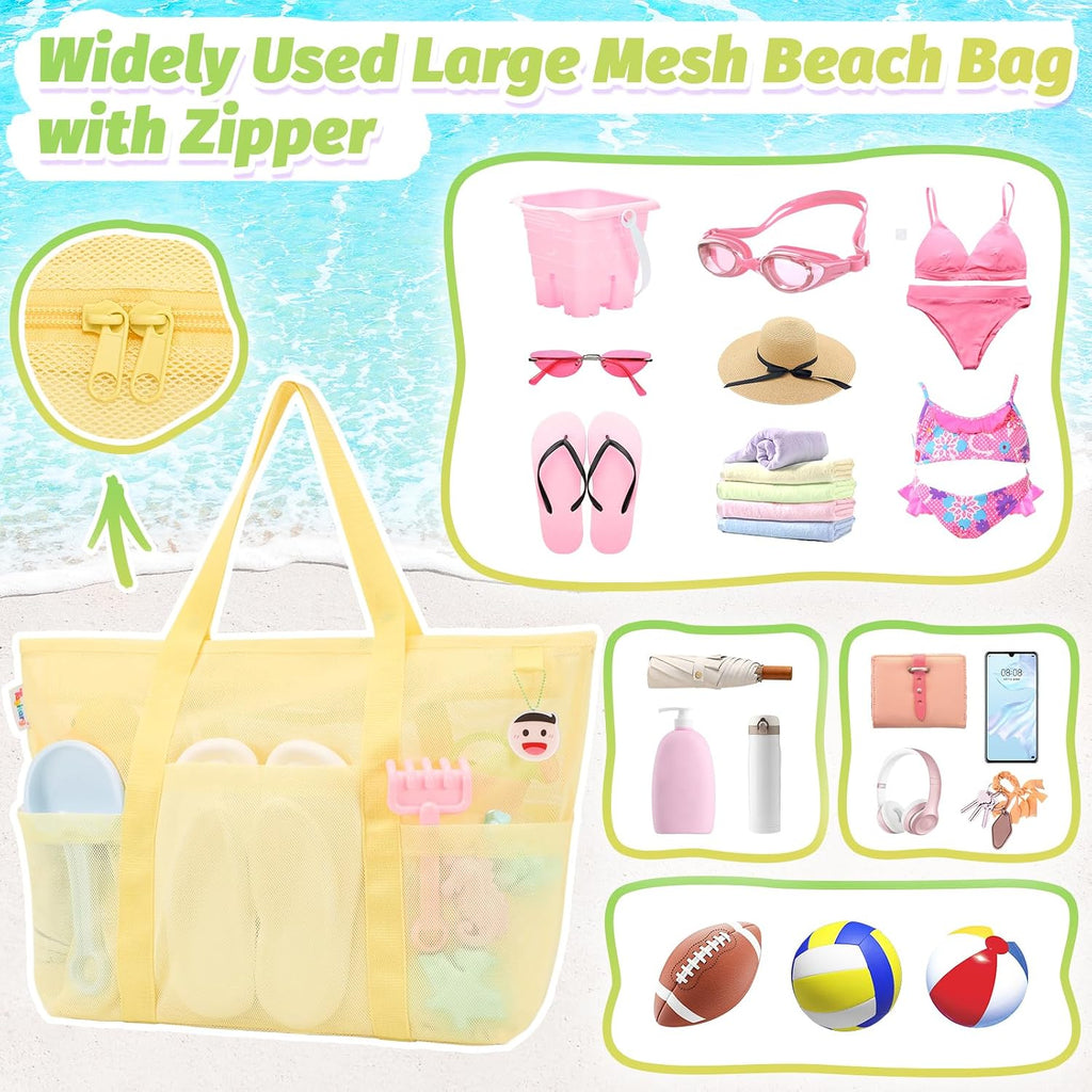 Tagitary Mesh Beach Bag with Zipper and 8 Pockets Yellow & Pink, Large Beach Tote Waterproof Sandproof for Camping Sports Pool Swim Bag Foldable Beach Accessories Storage Travel Bag