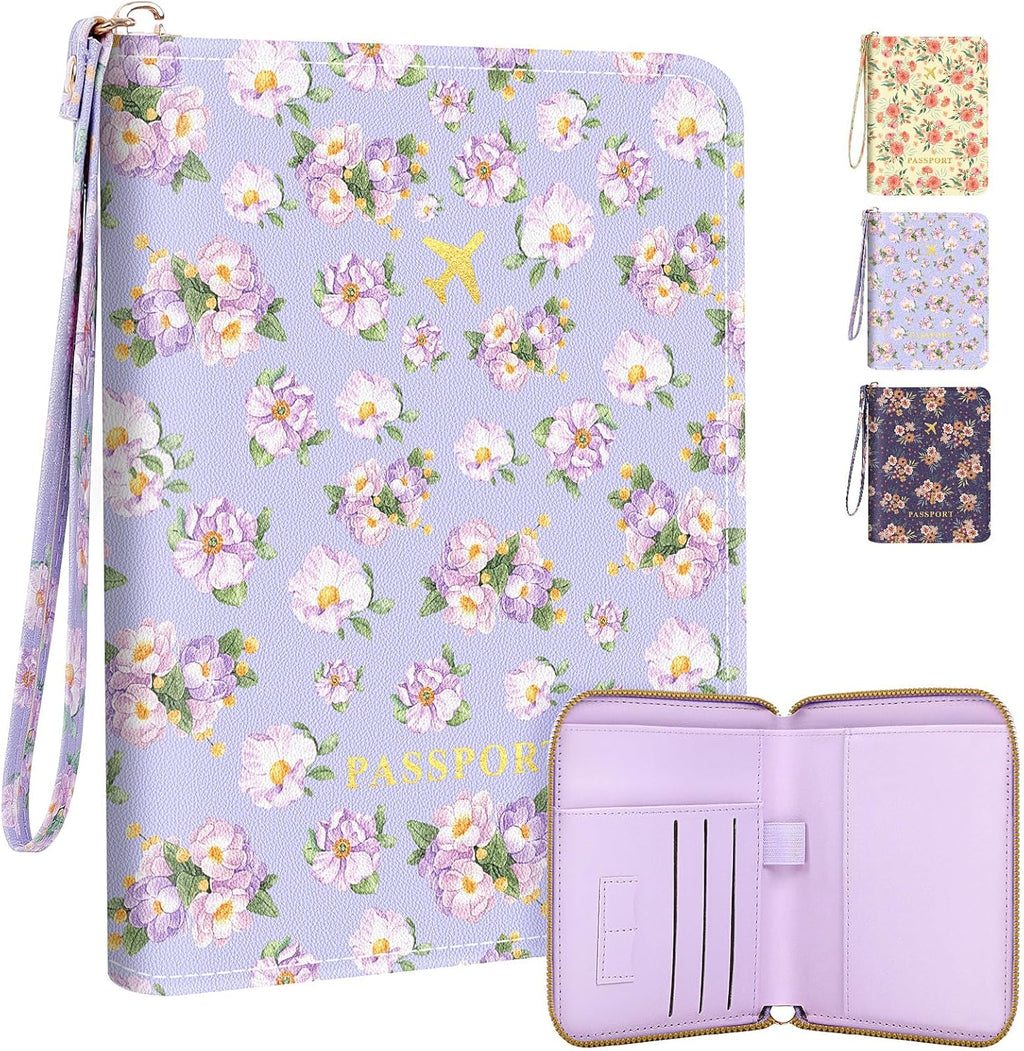 KONVINIT Purple Passport Holder For Travel, RFID Blocking Leather Passport Cover For Women, Cute Passport Wallet with Zipper Closure