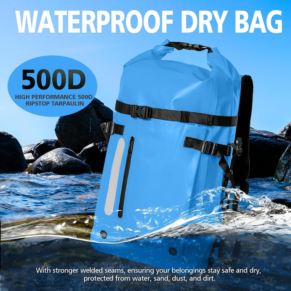30L Roll Top Waterproof Floating Backpack, Equipment Pocket, Marine Floating Dry Bags for Kayaking Tracing Beach Fishing Hiking Survival Camping Travel (Blue)