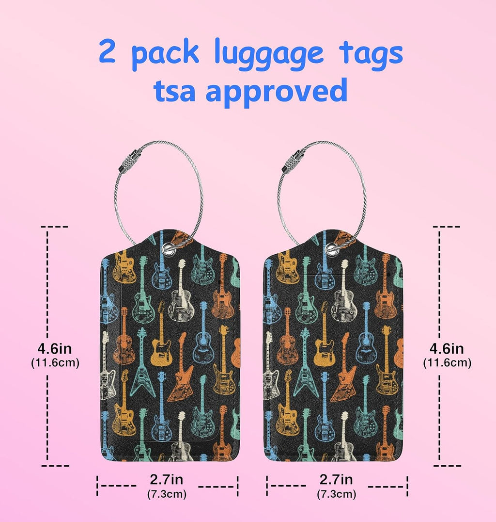 2 Pack Luggage Tags for Suitcase Leahter Colorful Guitar Luggage Tag with Privacy Flap,Name ID Label and Metal Loop for Women Men Girls Baggage Bag Backpack Instrument