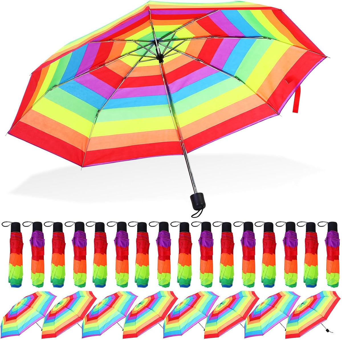 12 Pc Rainbow Umbrella Portable Tri Folded Pride Umbrella Windproof Compact Rain Parasol for Travel Beach Wedding Party