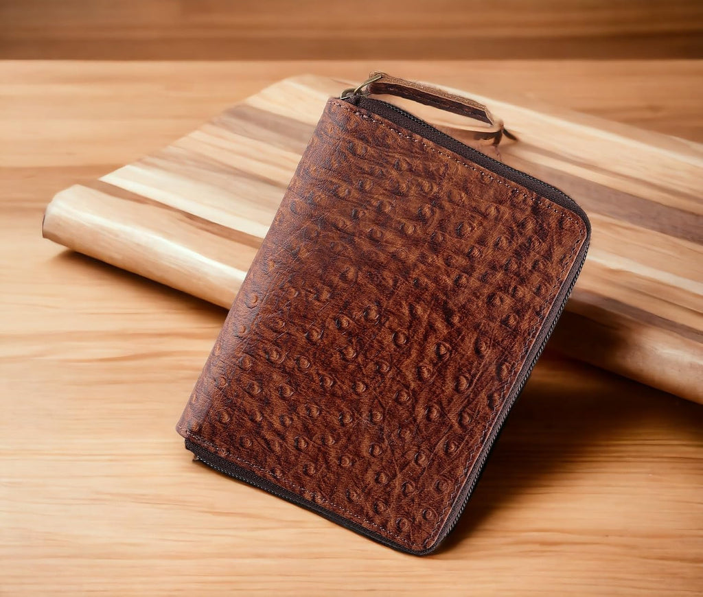 Passport Wallet - Travel Document Holder w/RFID Blocking – Full Grain Leather – Bifold compact zip around Wallet with Credit Card Slots for Women and Men,ostrich print,500-70