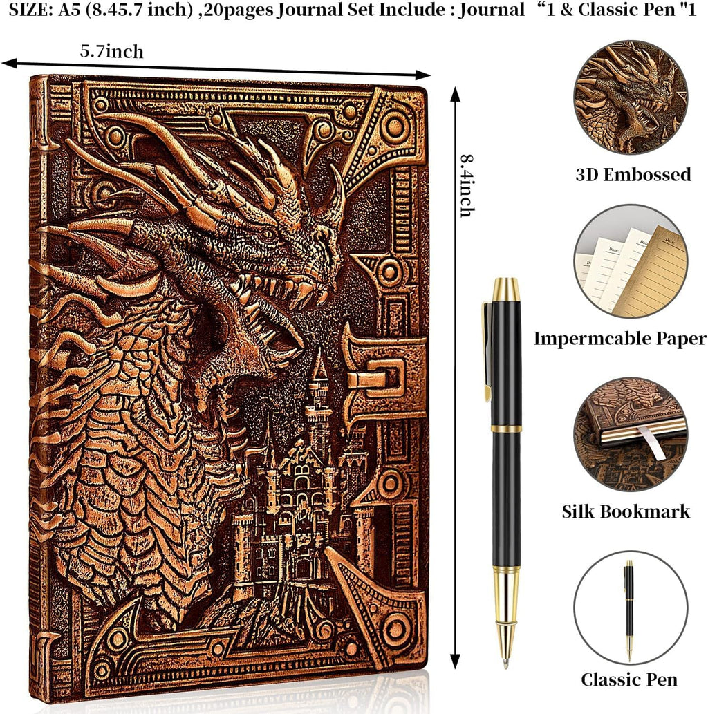 DND Dungeon and Dragon Notebook 3D Embossed Leather Dragon Journal with Black Ballpoint Pen &Pen Sleeve,A5 Vintage Travel Diary D&D Writing Notebook for Hardcover Journal Women&Men (Red Copper)