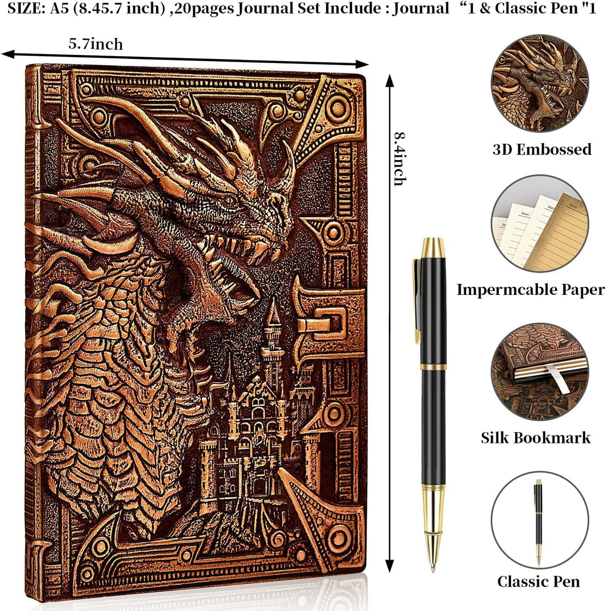 DND Dungeon and Dragon Notebook 3D Embossed Leather Dragon Journal with Black Ballpoint Pen &Pen Sleeve,A5 Vintage Travel Diary D&D Writing Notebook for Hardcover Journal Women&Men (Red Copper)