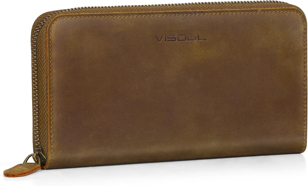 VISOUL Long Zip Around Pouch Wallet for Men Crazy Horse Leather with RFID Blocking, Large Clutch Cash Long Travel Wallet with 12 Card Slots-Brown