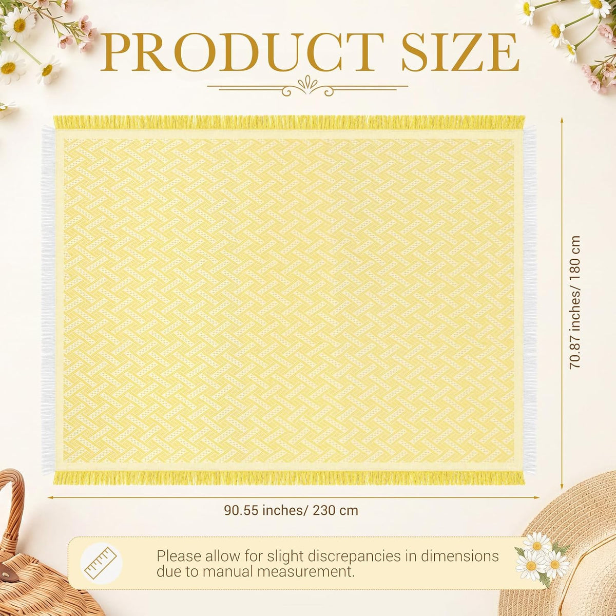 1 Pack White Yellow Extra Large Picnic Blanket, 71 x 91 Inches