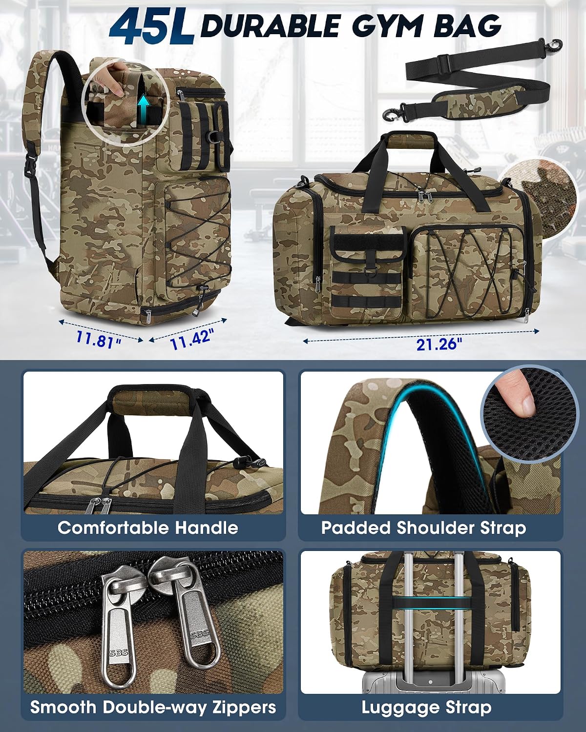 SDYSM Gym Bag for Men 45L, 3-in-1 Sports Duffel Bag with Shoe Compartment