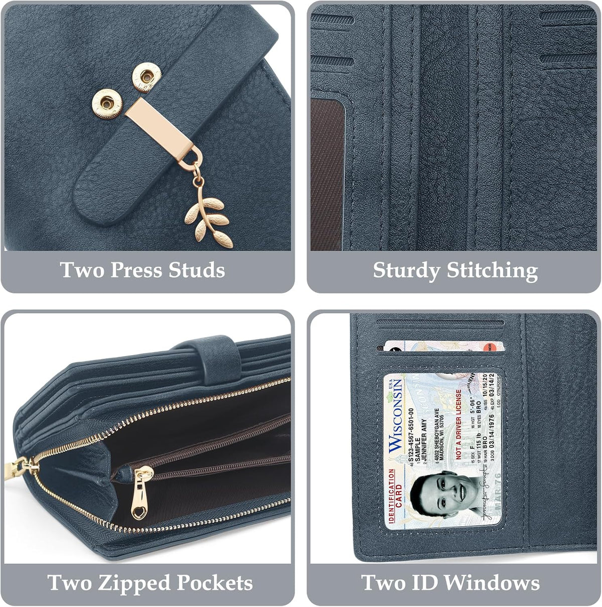 Womens RFID Blocking Trifold Wallet PU Leather Card Holder Dark Blue