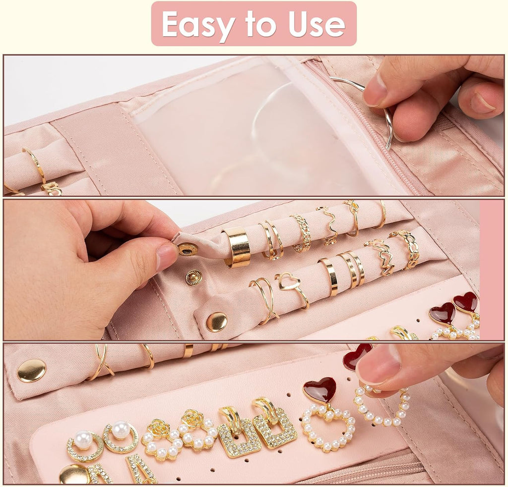 Amrules Travel Jewelry Roll Organizer Bag, Medium, Pink