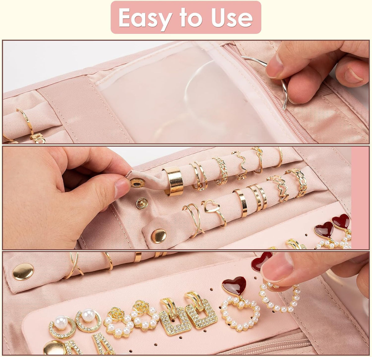 Amrules Travel Jewelry Roll Organizer Bag, Medium, Pink