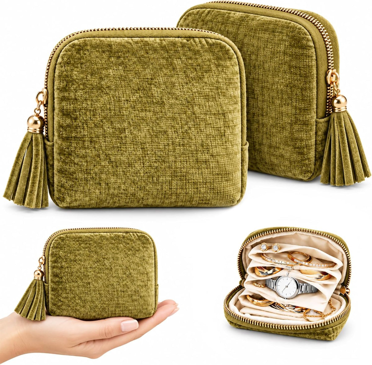 Travel Jewelry Pouch, Compact Zipper Jewelry Case Bags (Grass Green)