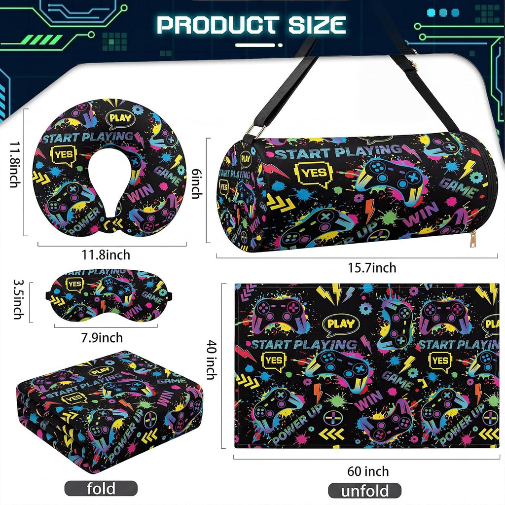 Moukeren 4 Pcs Video Game Travel Pillow and Blanket Set for Kids, Black