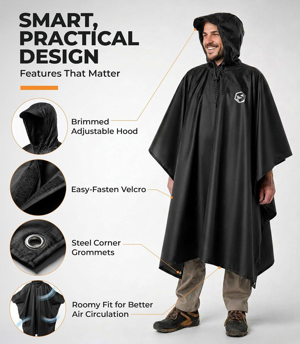 Foxelli Extra Long Rain Poncho for Tall Adults, Reusable Waterproof Hooded