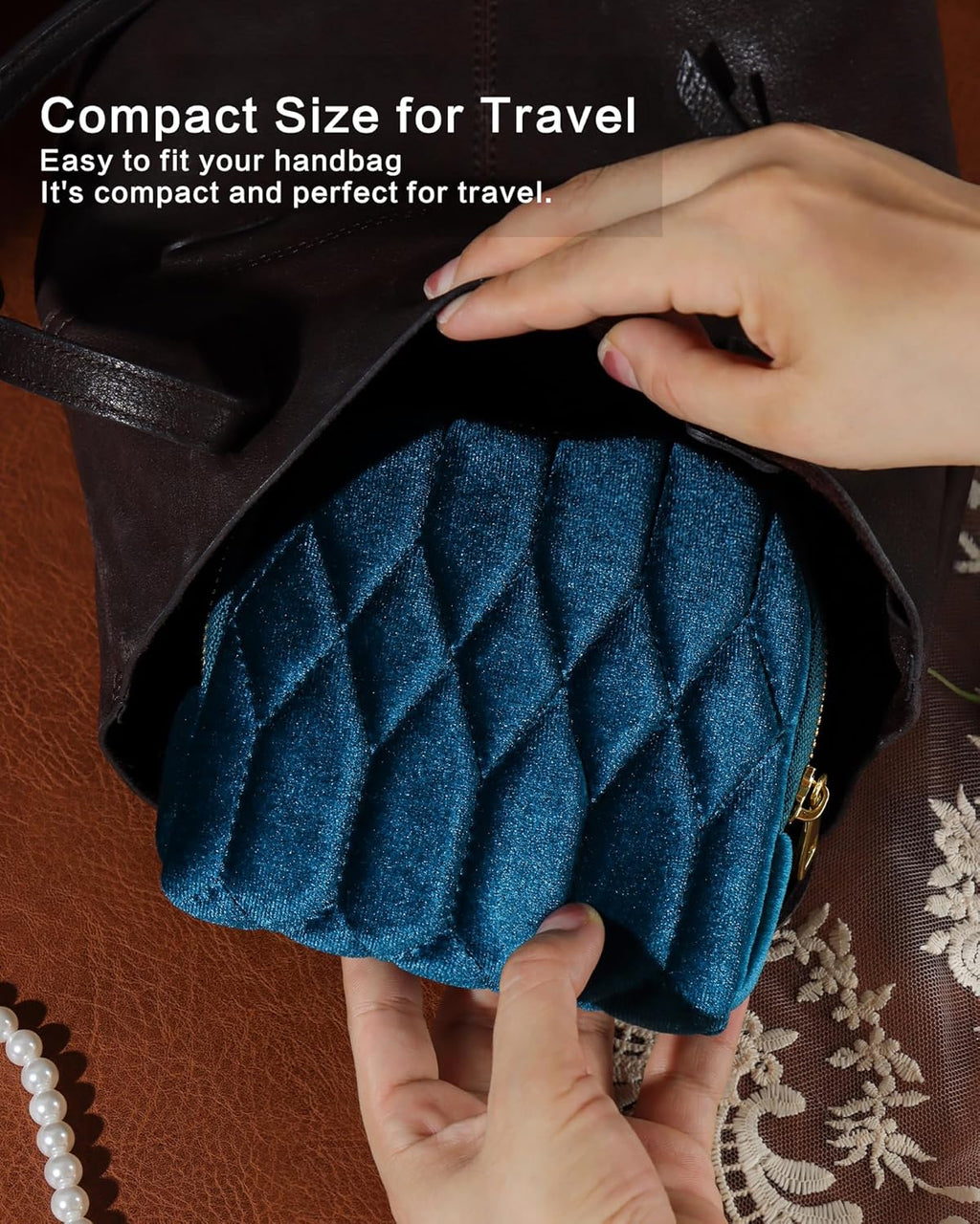 Small Travel Jewelry Case, Velvet Pouch with Zipper, Moss Green