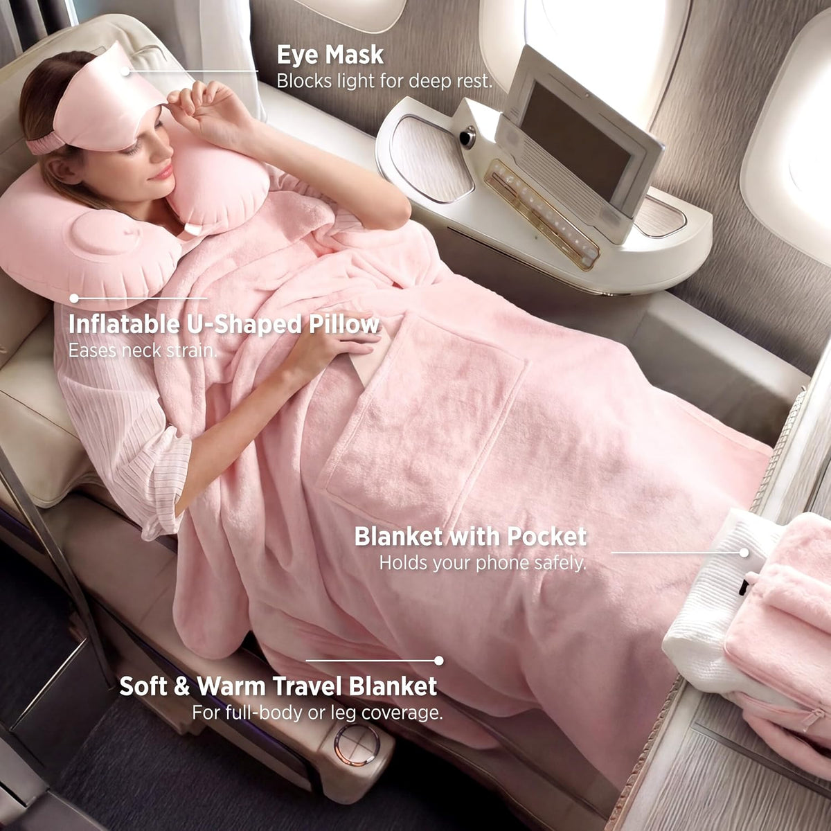 Bedsure Travel Blanket Set with Inflatable Neck Pillow and Eye Mask, Pink