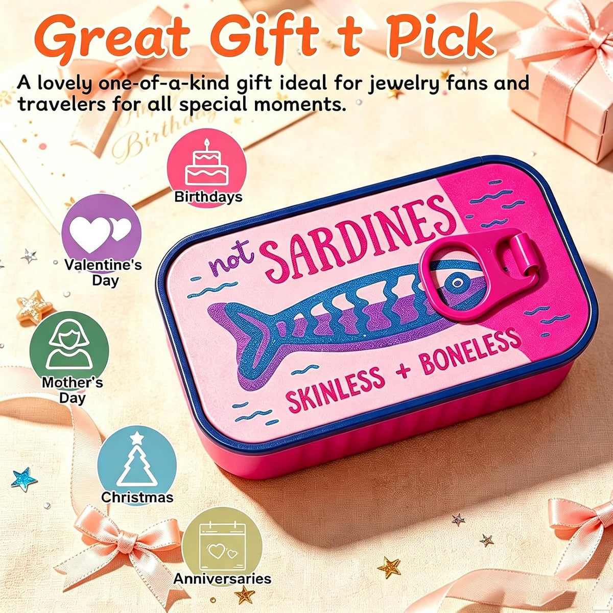 Sardines Jewelry Box Organizer with Fish-Shaped Holders for Rings, 3D Printed Fishbone Holder for Earrings, Necklaces and Rings Portable Earring Box (Pink + Rose Red)
