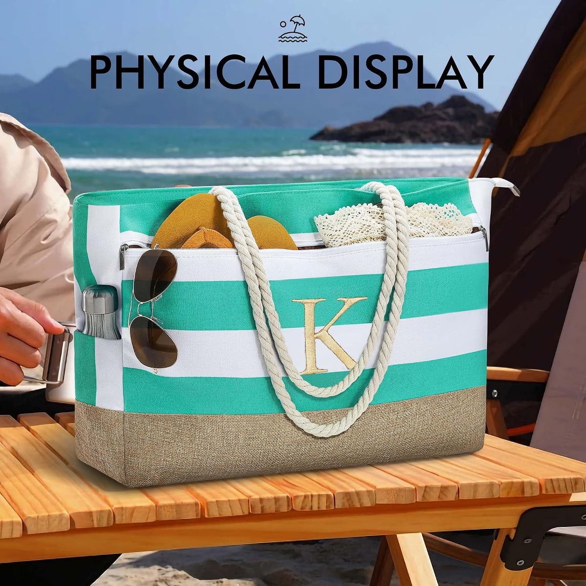 YOOLIFE Initial Beach Bag Waterproof Tote, Gifts for Women Her Birthday