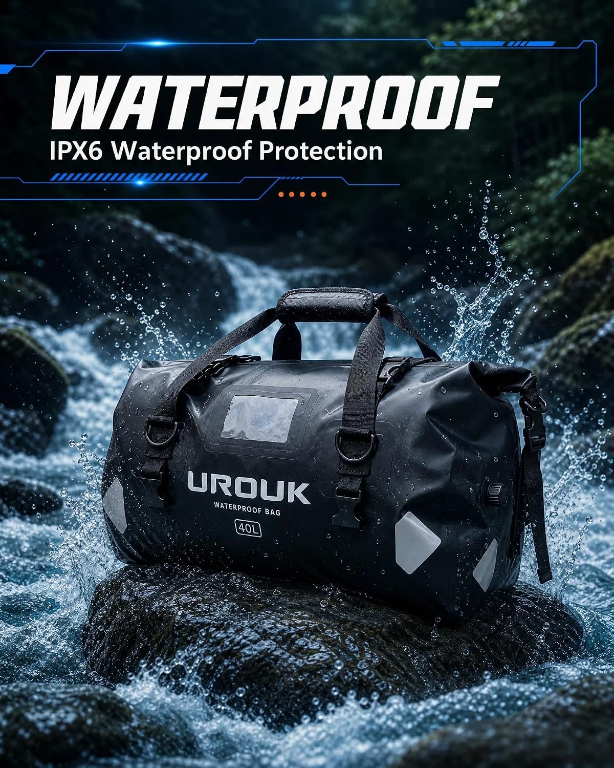 Waterproof Duffel Bag 40L 65L 90L Large Motorcycle Dry Bag Backpack,Roll-Top Heavy Duty Tail Bag Luggage Gear Bag with Straps for Travel, Camping, Fishing, Boating, Kayaking
