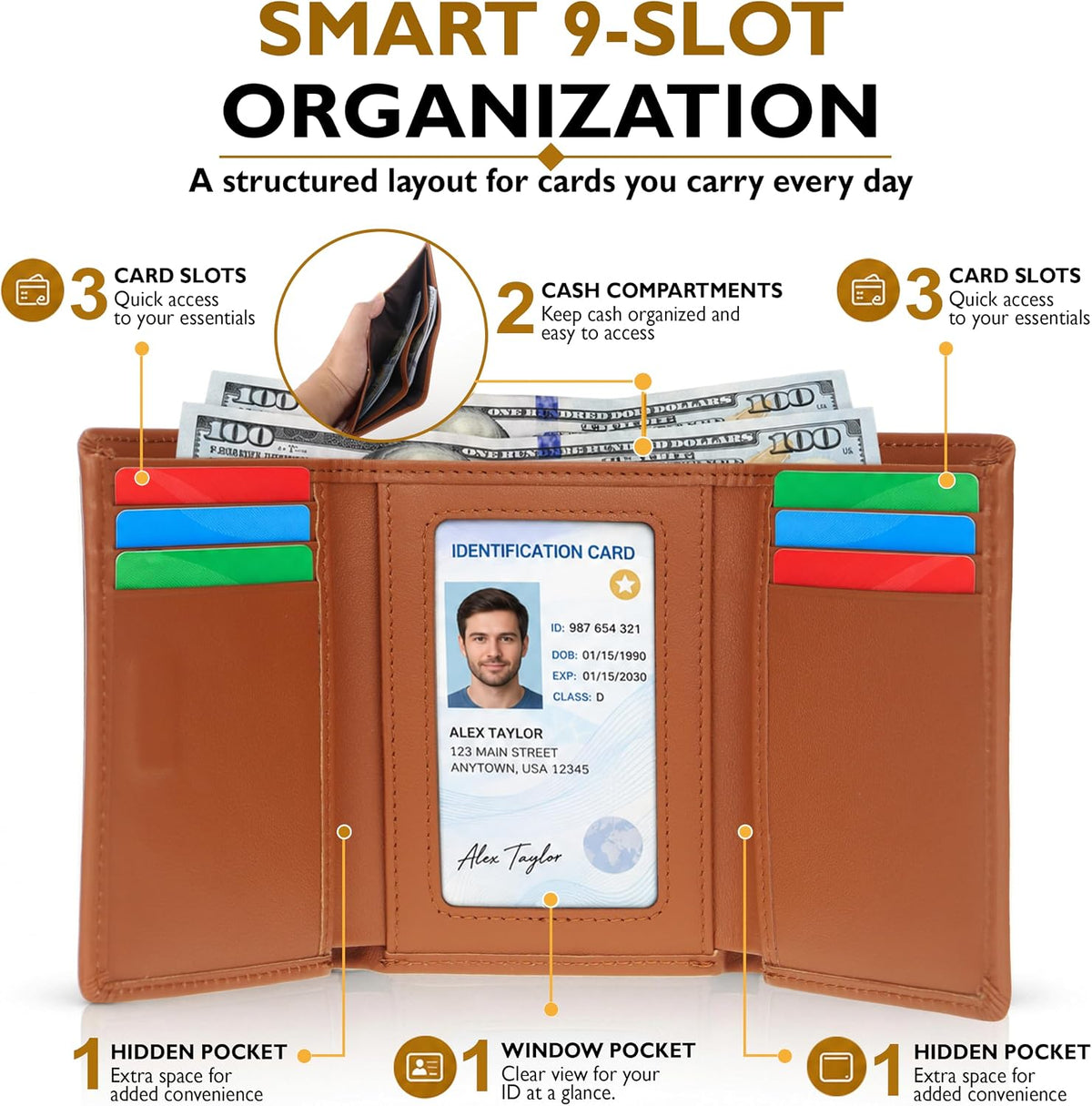 RFID Trifold Wallet for Men Genuine Napa Leather, Magnetic Closure