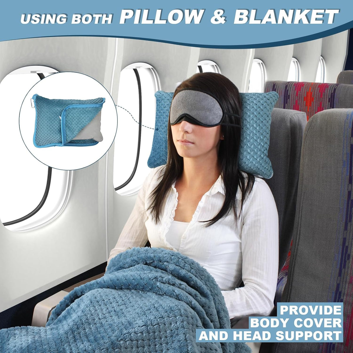 Travel Blanket Airplane Compact with Bag, Travel Essentials 3 in 1 Packable Airplane Blanket, Travel Pillow and Blanket Set, Inflatable Pillow, Luggage Sleeve & Backpack Clip (Slate Blue)