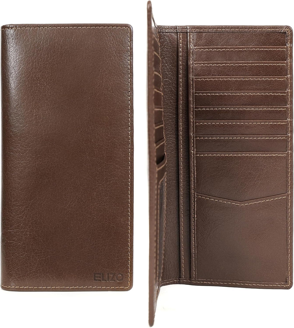 ELIZO Men's Genuine Leather Long Wallet - RFID Blocking Rodeo Checkbook Wallet | Western Bifold Wallet with 16 Card Slots, ID Window | Top Grain Leather Cowboy Wallet | Stout