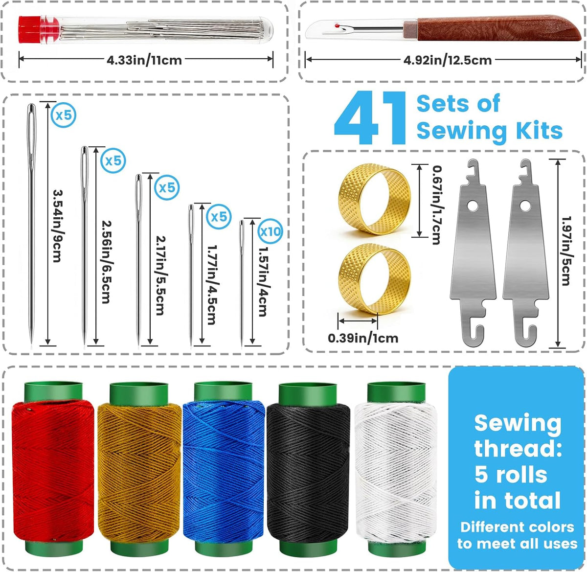 JUNCHONG Sewing Set 41Pcs Sewing Tool Set, Big Eye Steel Sewing Needles Kit with 30 Needles & Seam Ripper, Beginner Sewing Work Set