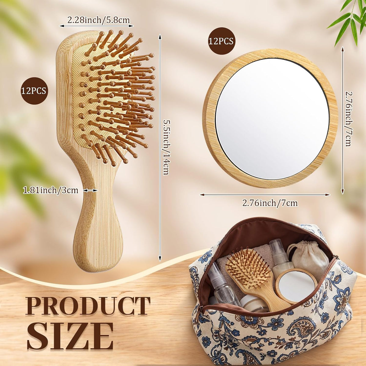 Meanplan Mini Bamboo Hair Brush Bulk with Mirror for Woman, 24 Pack, Square