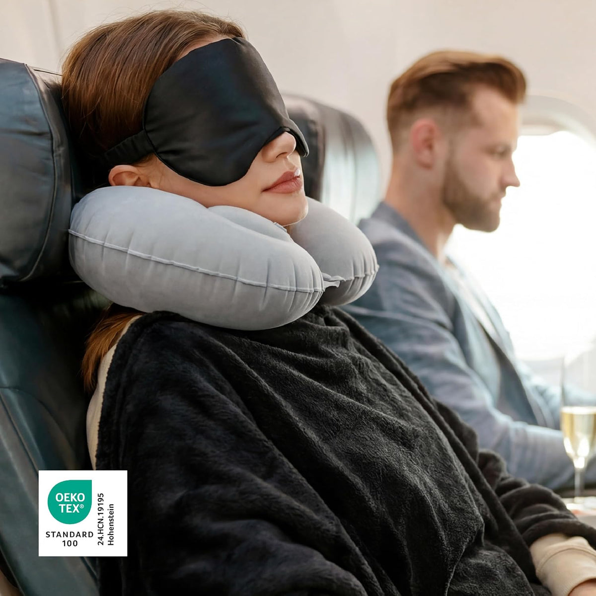 Bedsure Travel Blanket Set with Inflatable Neck Pillow and Eye Mask, Black
