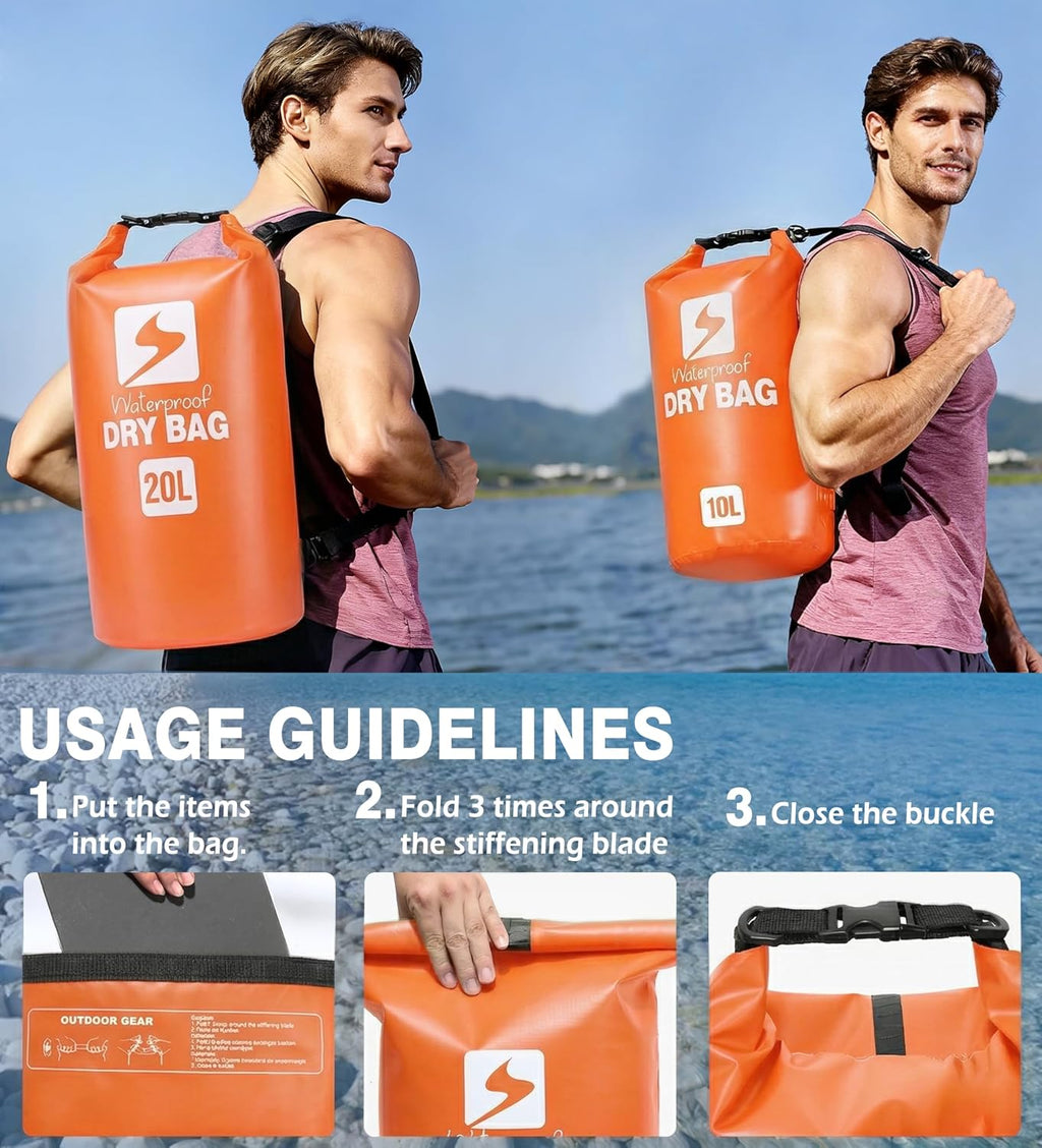 Soulsfeng Waterproof Dry Bag Backpack, Roll Top Floating Dry Storage Bag with Phone Case, Lightweight Dry Sack for Kayaking, Boating, Beach, Travel, Camping 20L, Orange