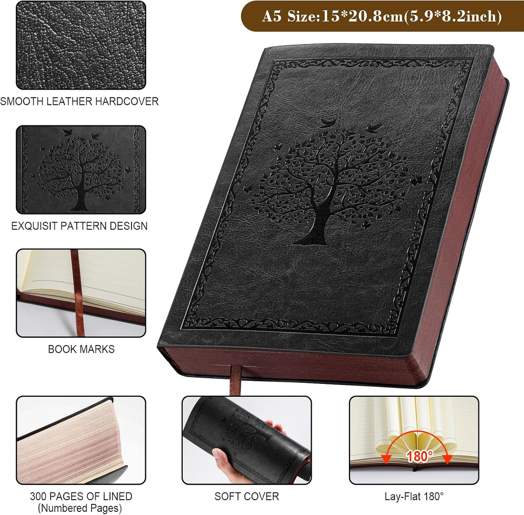 Fetinar Leather Journal Notebook,300 Pages Hope Tree Softcover Lined Notebook for Women Men,300 Travel,Business,Work,Office,School Note Taking,5.7'' X 8.3''(black)