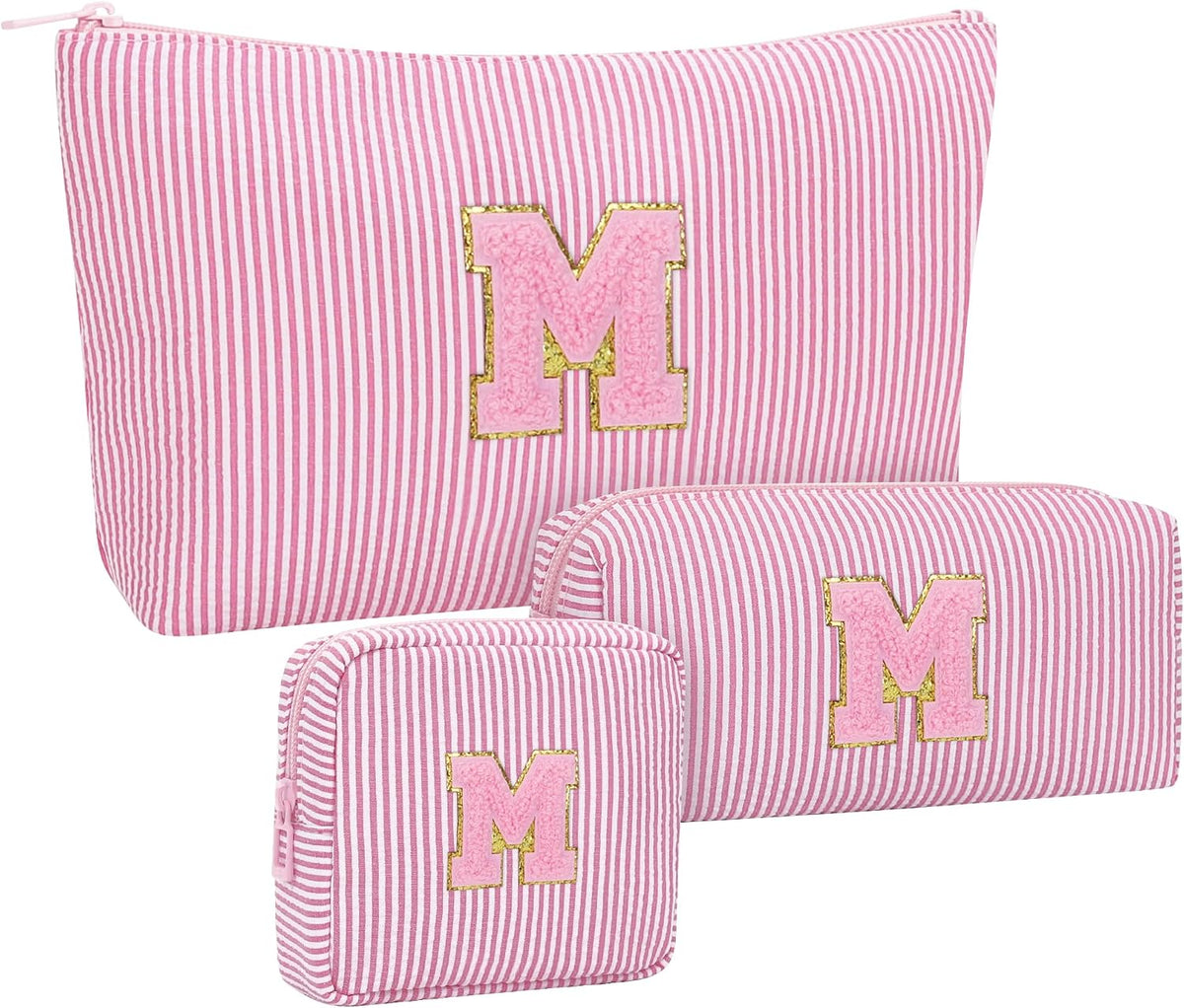MONSTINA Personalized Initial Makeup Bag 3-piece Set for Women Teen Girls