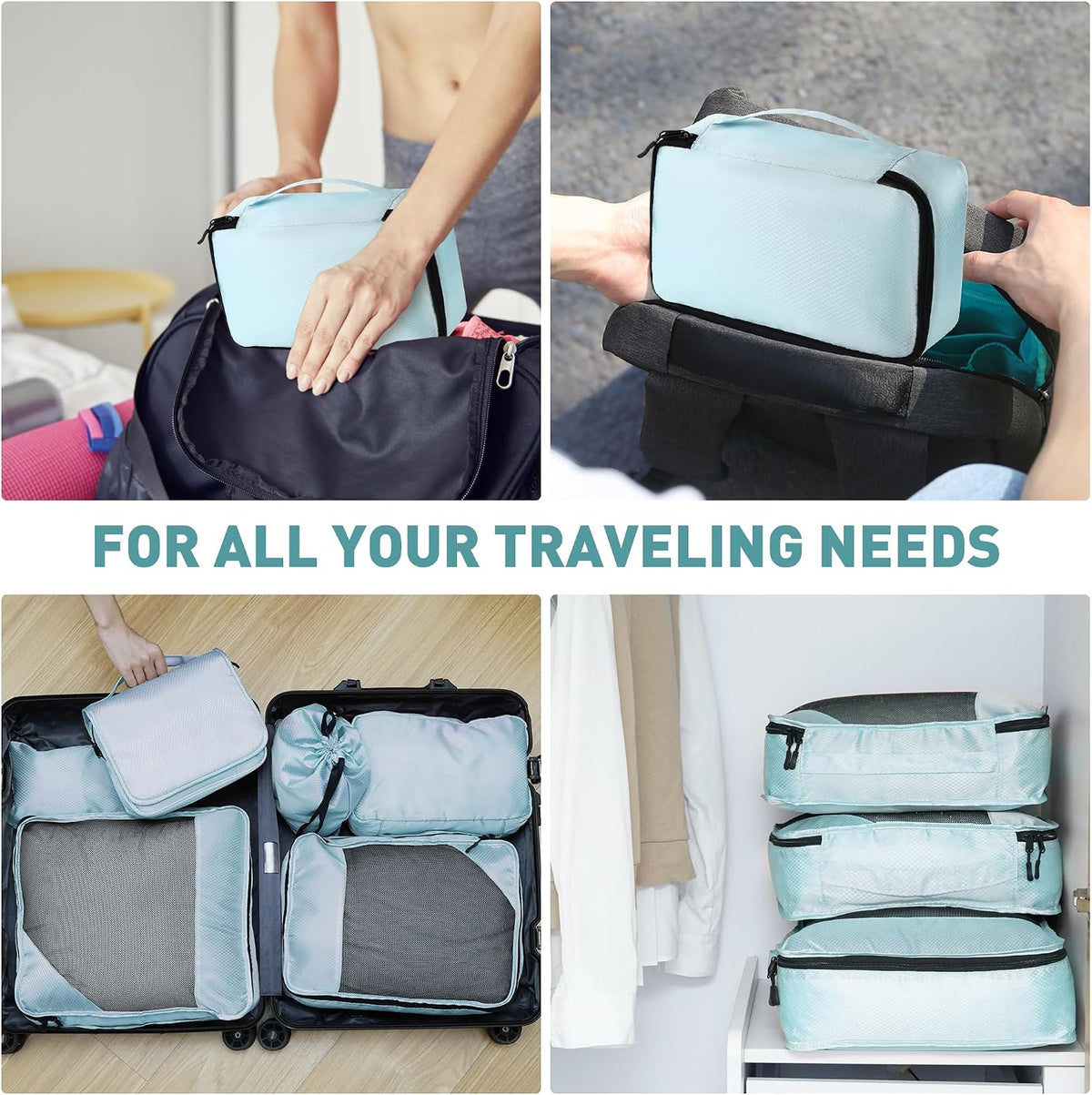 Toncoke 8-Piece Packing Cubes for Travel, 2026 Upgraded Durable Zippers & Reinforced Mesh, Complete Luggage Organizer Set with Shoe/Toiletry/Laundry Bags, 4 Sizes for Suitcase, Men Women, Lake Blue