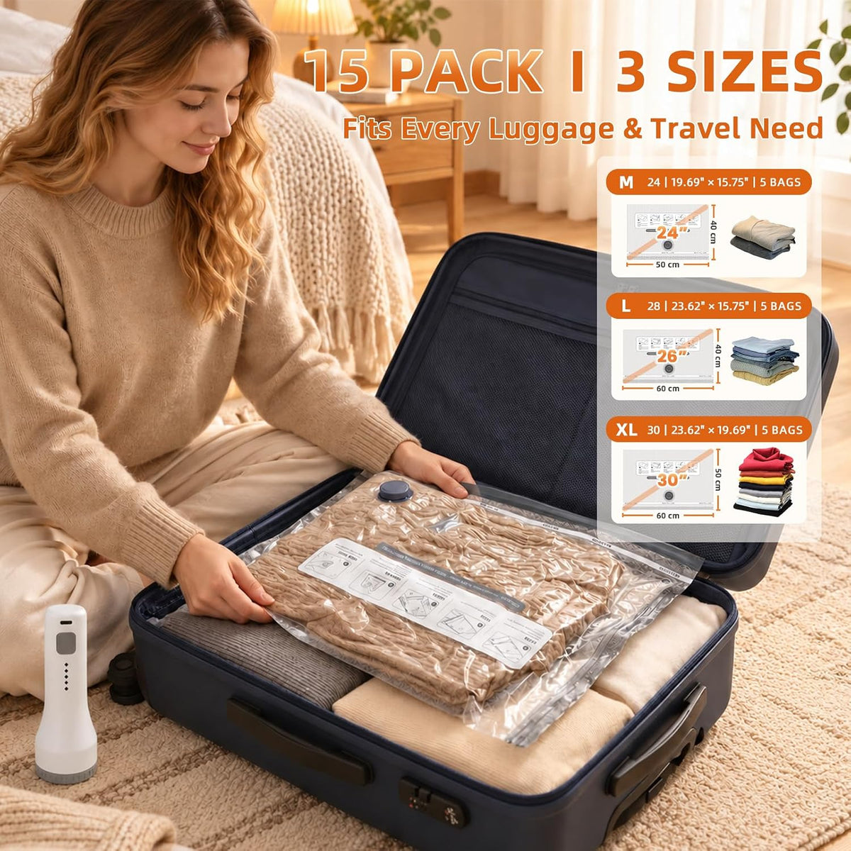 15 Pack Vacuum Storage Bags with 2000mAh Rechargeable Pump