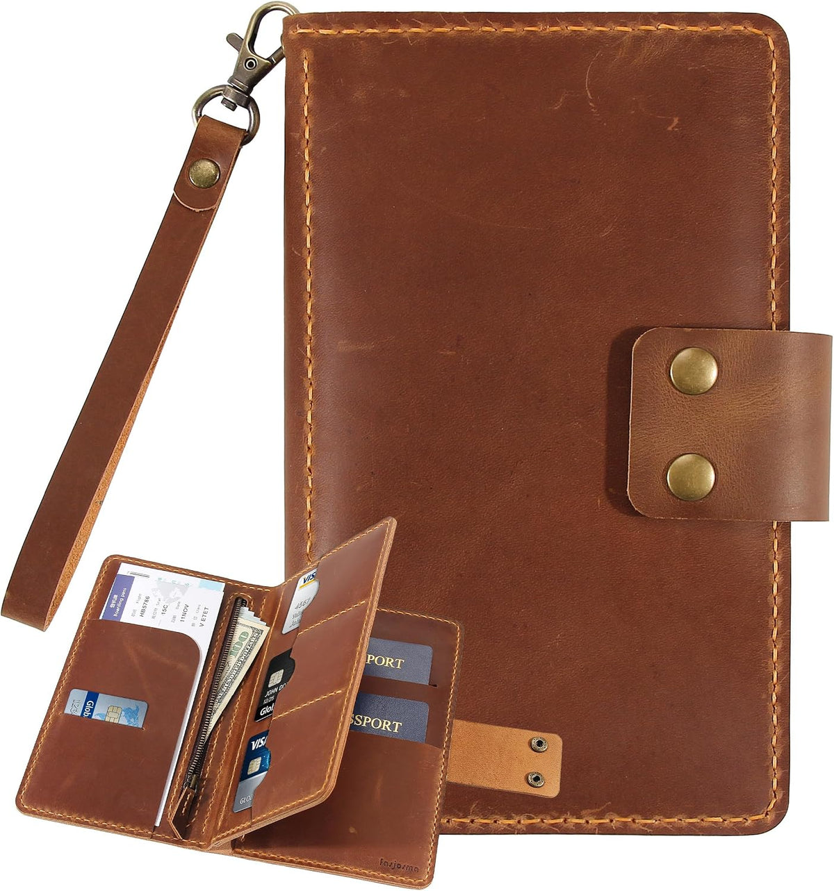 Handmade Genuine Leather Family Passport Holder | Travel Document Organizer Holds 4 Passports | Vintage Wristlet Wallet with Credit Card Slots (Brown)
