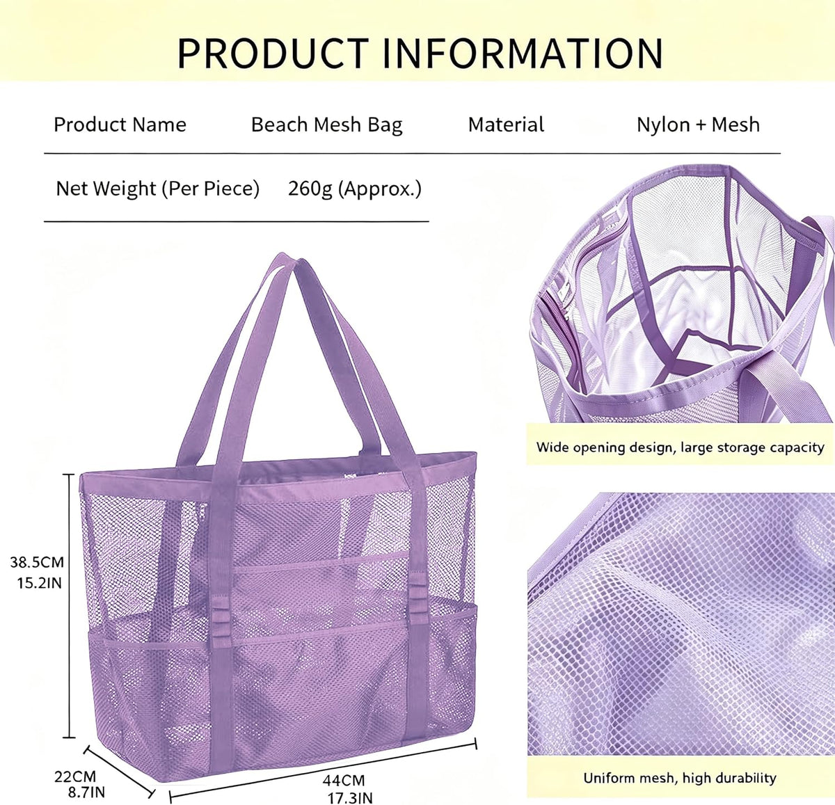 SUPACOOL Large Mesh Beach Bag for Men and Women, Beach Tote Bag for Family,Pool bag, with a Waterproof Zipper Pocket