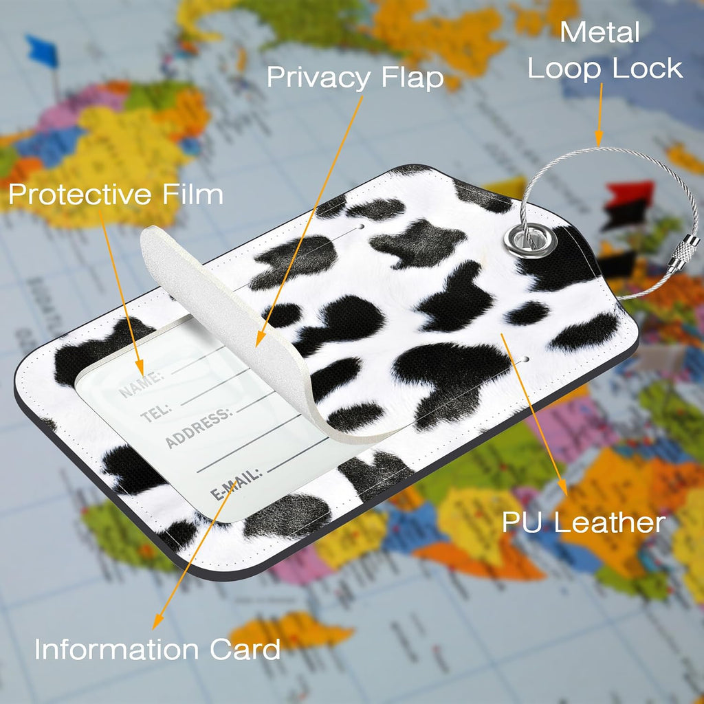 2 Pack PU Luggage Tags for Suitcase, Cow Texture Suitcase Tag Leather Privacy Cover ID Label with Stainless Steel Loop for Baggage Handbag School Bag Backpack