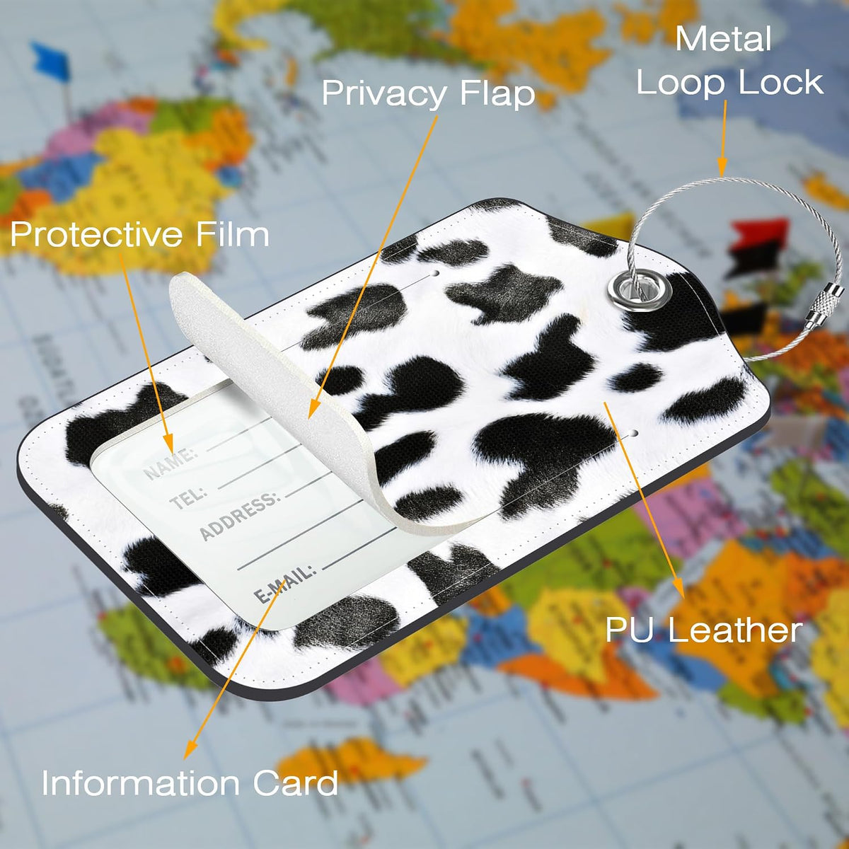 2 Pack PU Luggage Tags for Suitcase, Cow Texture Suitcase Tag Leather Privacy Cover ID Label with Stainless Steel Loop for Baggage Handbag School Bag Backpack